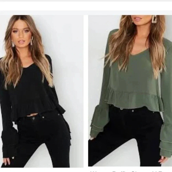 New Black Ruffle Long Sleeve Top - Picture 2 of 13